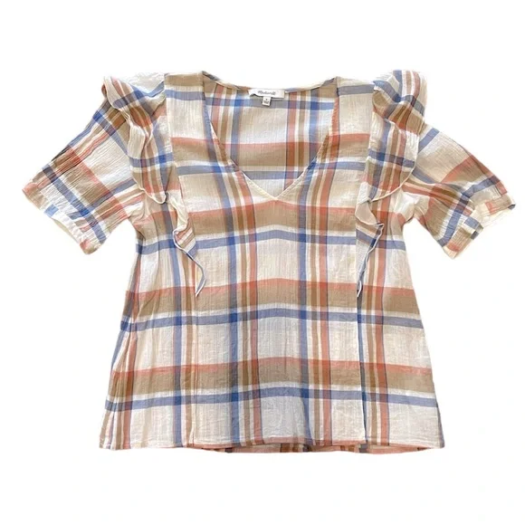 Madewell ruffle plaid lightweight blouse size small - Picture 4 of 7
